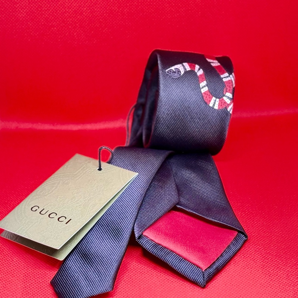 Gucci Black Silk Tie with Red and White Snake Motif